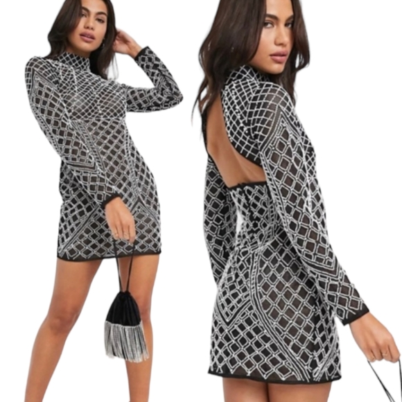ASOS Black White Mesh and Pearl All Over Embellished Mini Dress. Size US 2 - Picture 3 of 8